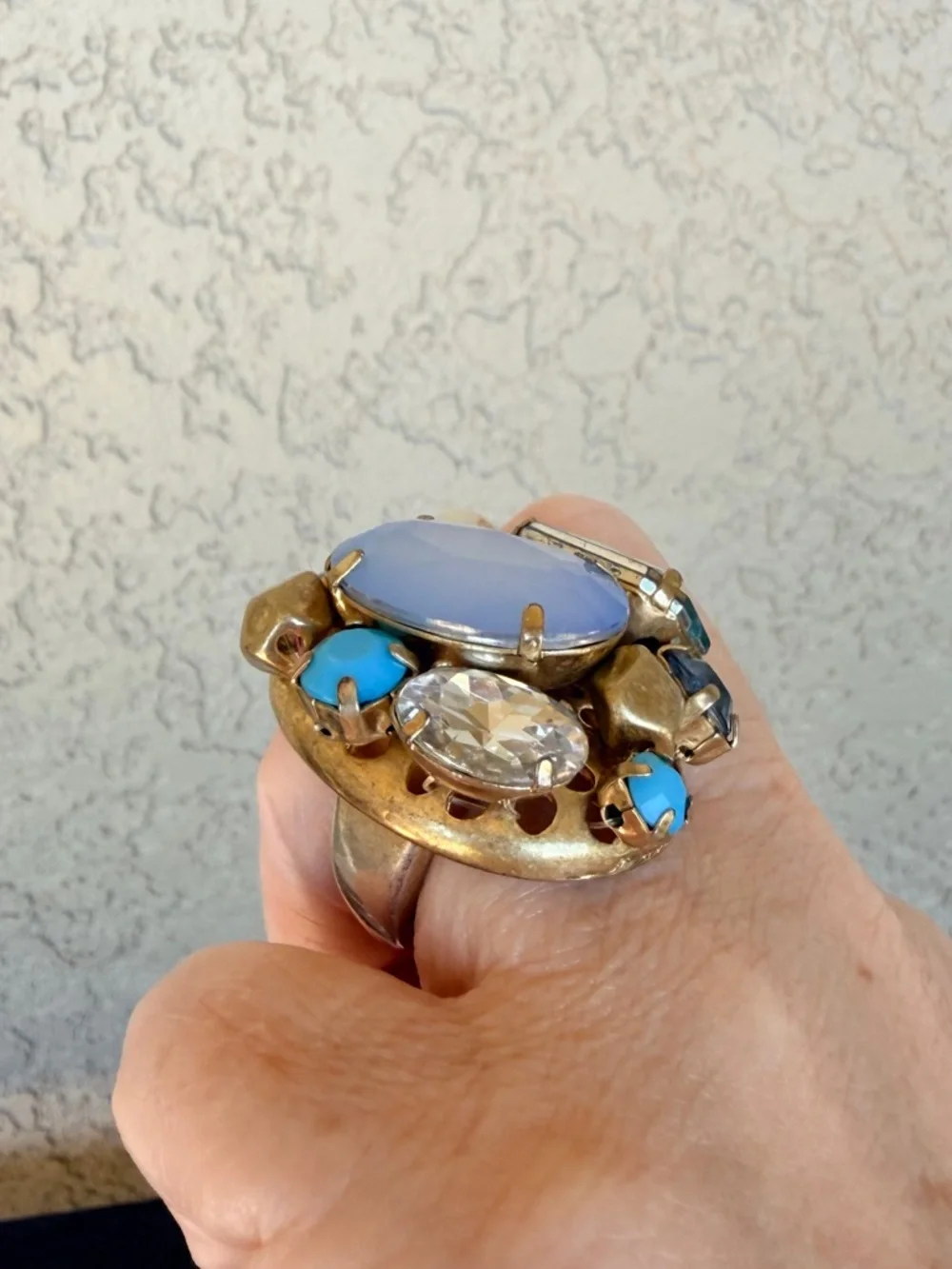 Bold Lavender Multistone Statement Ring with Aqua and Pearl Accents